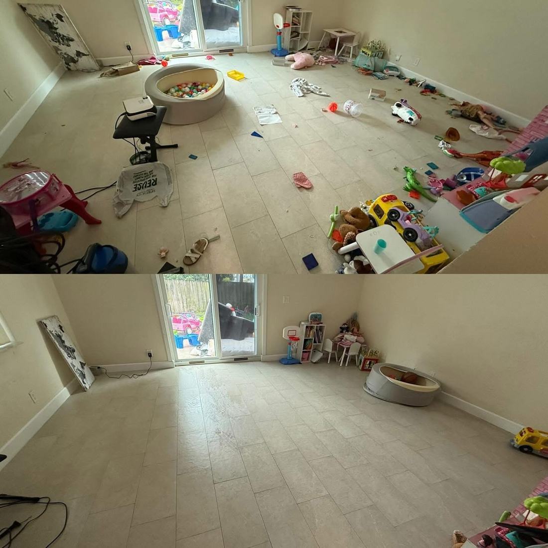 IJ CARE Cleaning Playroom Reset before and after